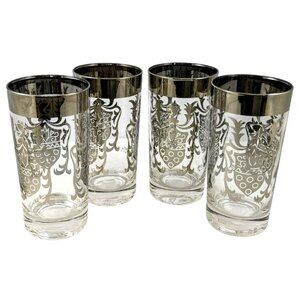 Vintage Kimiko Highball Glasses Set of 4 Silver Guardian Shield Coat of Arms Mid